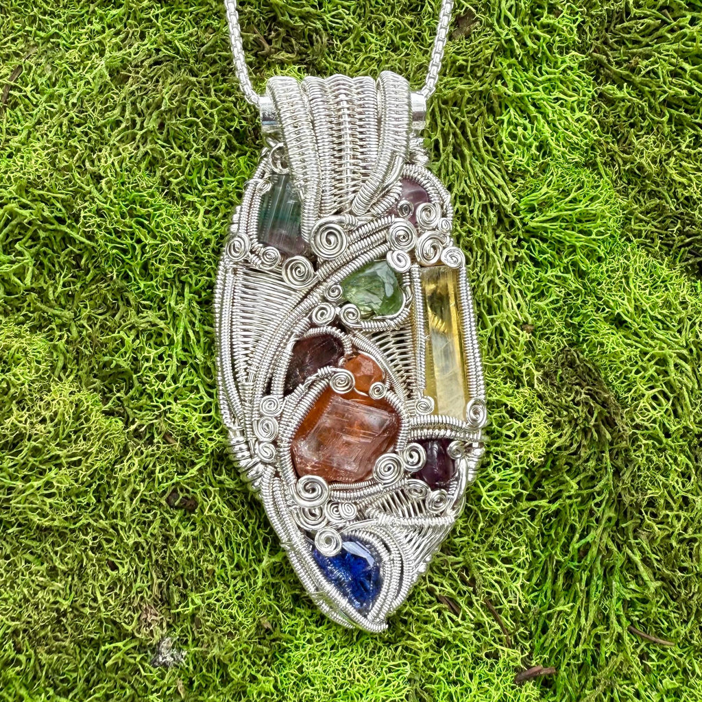 One of a kind, Handmade, Wire Wrap,  Pendant, Jewelry, Scott Maller, James Steffen, Tourmaline, Heliodor, Tanzanite, Garnet, Sterling Silver
