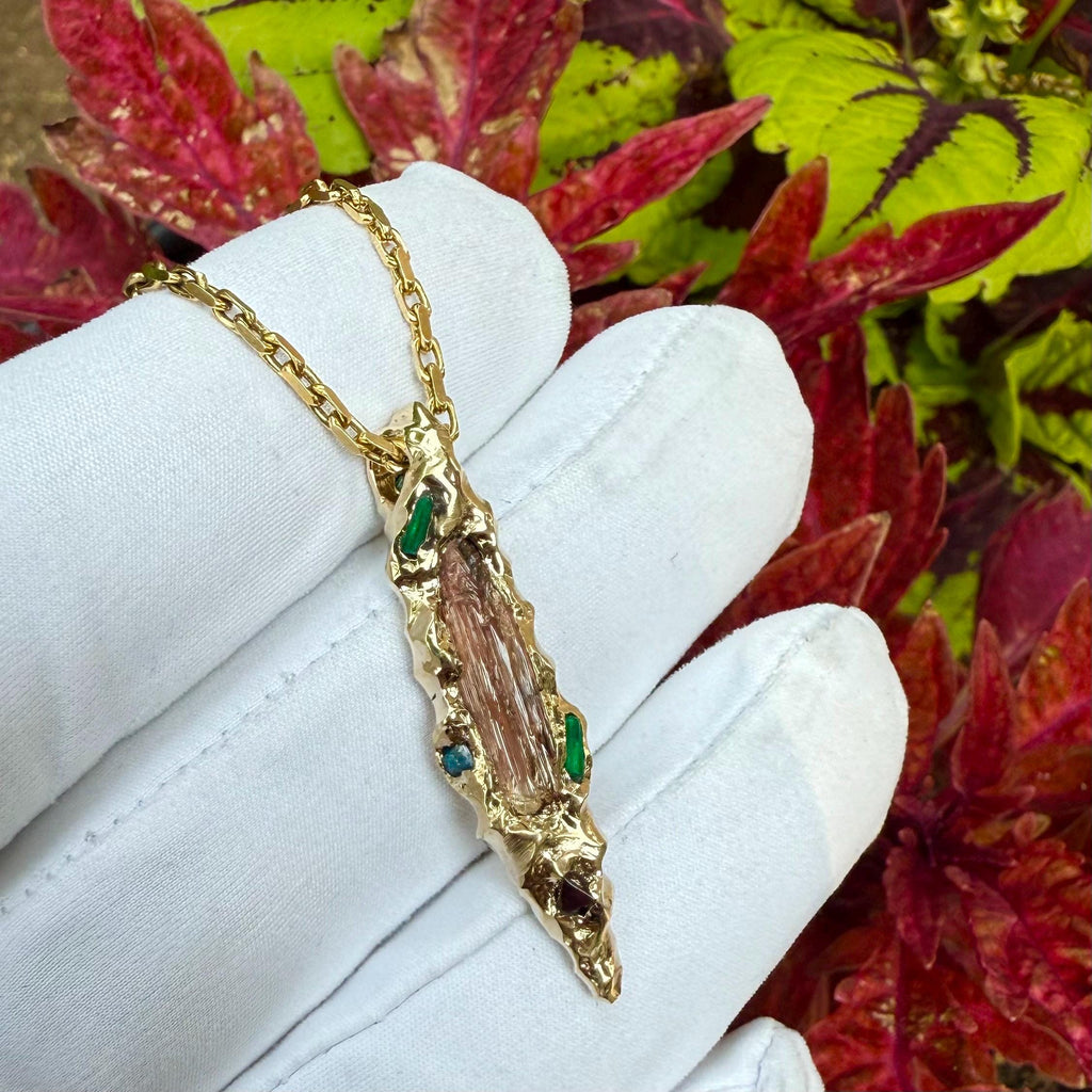 14k Gold, Gold Pendant, Etched Baxao Tourmaline, Emerald, Blue Spinel, Red Spinel, Hand Carved, Unique, Gift, Art, Jewelry, James Steffen