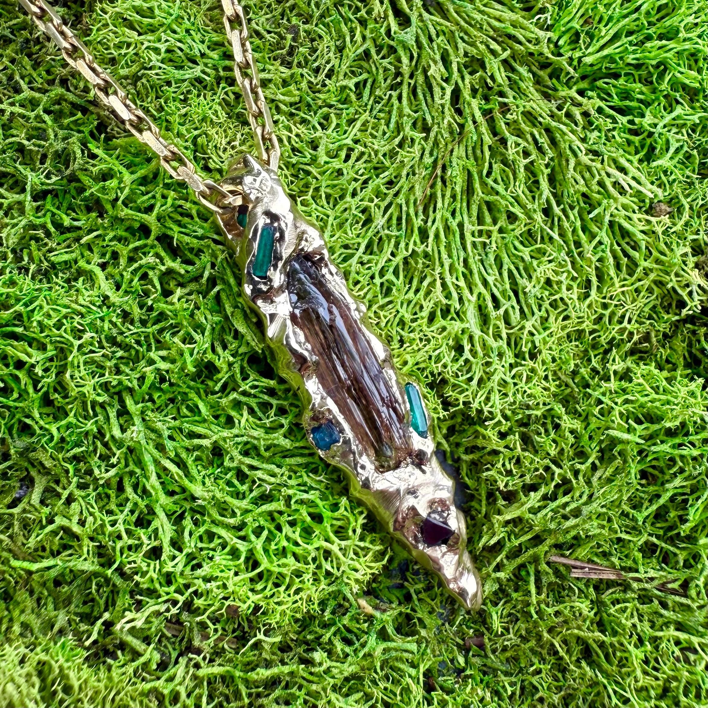 14k Gold, Gold Pendant, Etched Baxao Tourmaline, Emerald, Blue Spinel, Red Spinel, Hand Carved, Unique, Gift, Art, Jewelry, James Steffen