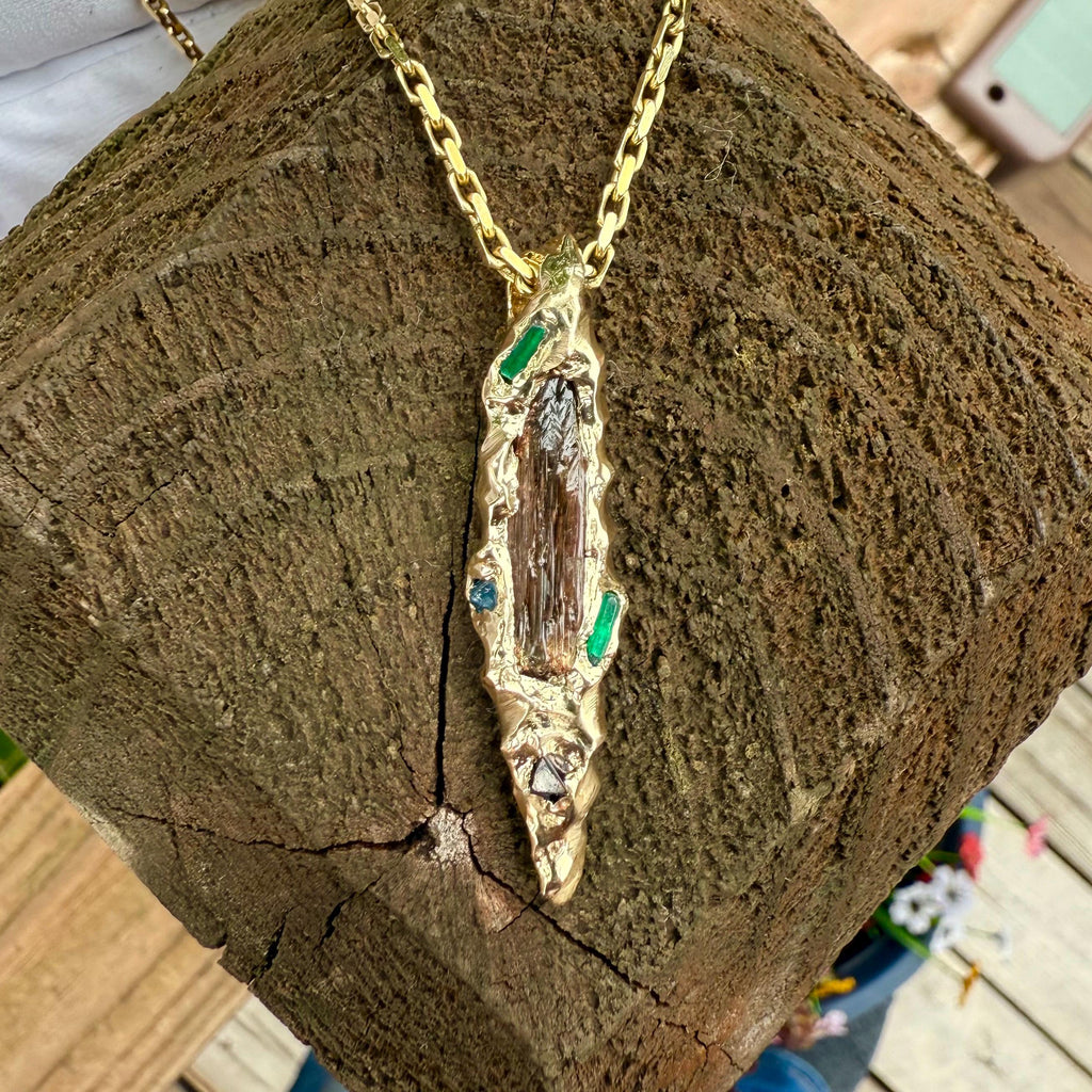 14k Gold, Gold Pendant, Etched Baxao Tourmaline, Emerald, Blue Spinel, Red Spinel, Hand Carved, Unique, Gift, Art, Jewelry, James Steffen