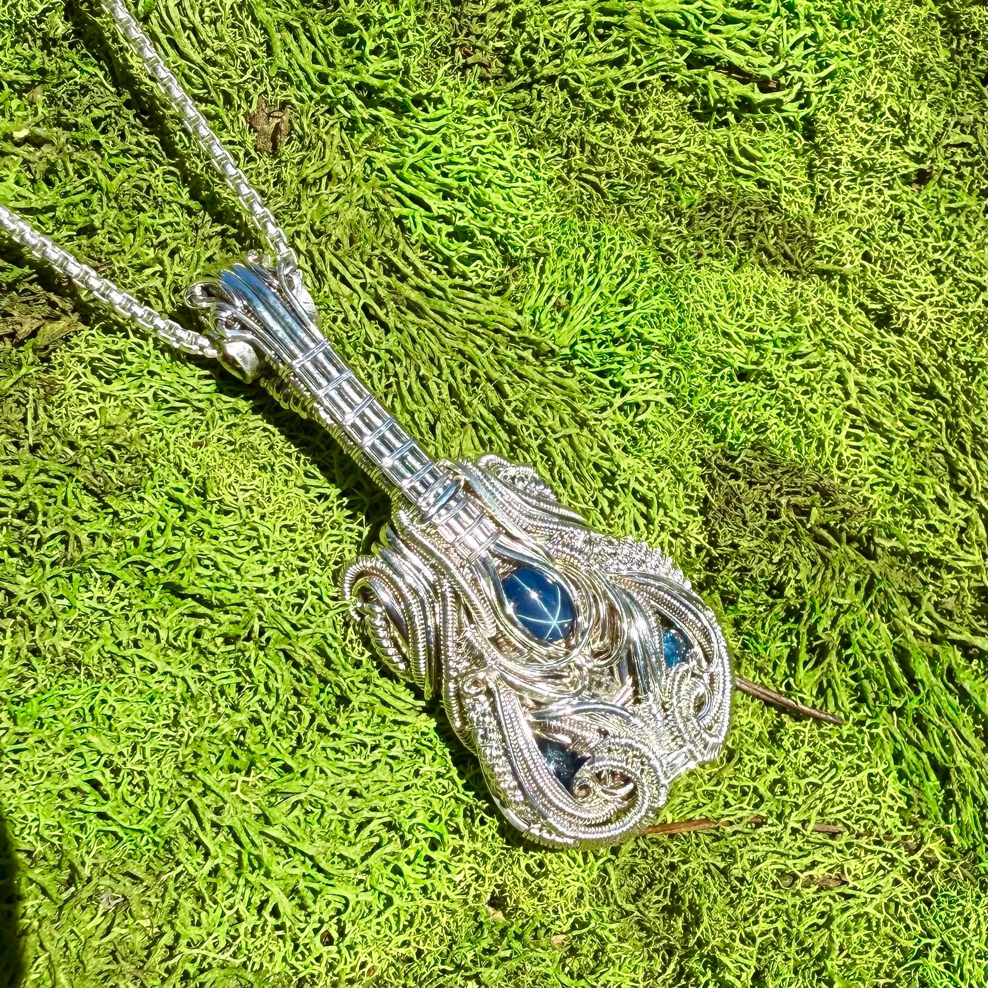 Guitar Pendant, Star Sapphire Cabochons, Handmade, Wire Wrapped Guitar, Ross Duncan, Art, Pendant, Jewelry