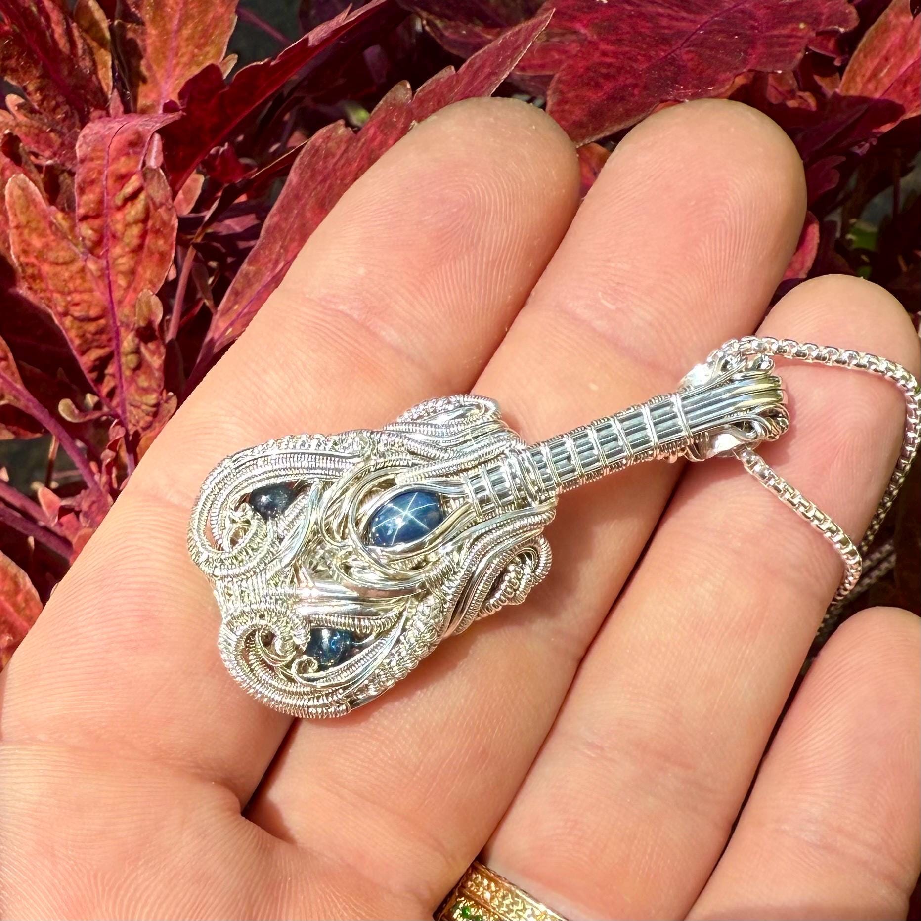 Guitar Pendant, Star Sapphire Cabochons, Handmade, Wire Wrapped Guitar, Ross Duncan, Art, Pendant, Jewelry