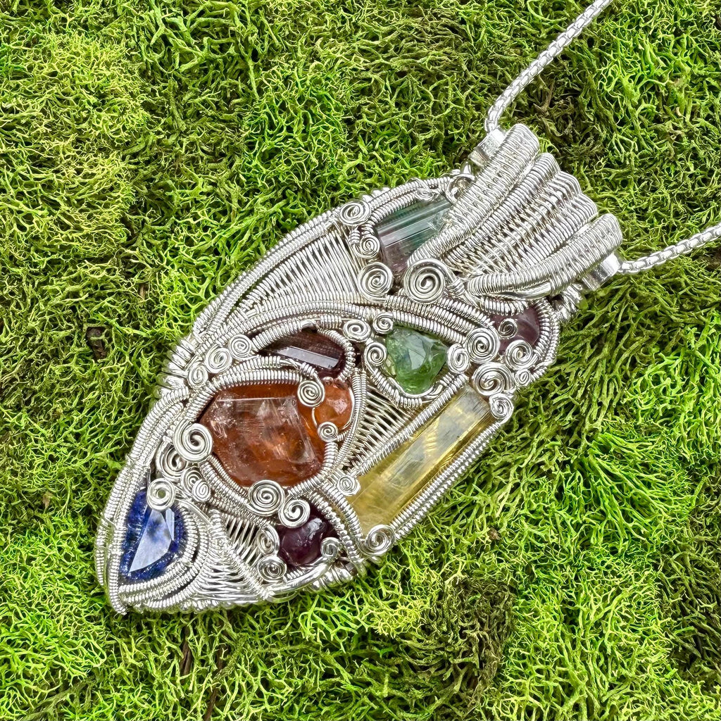 One of a kind, Handmade, Wire Wrap,  Pendant, Jewelry, Scott Maller, James Steffen, Tourmaline, Heliodor, Tanzanite, Garnet, Sterling Silver
