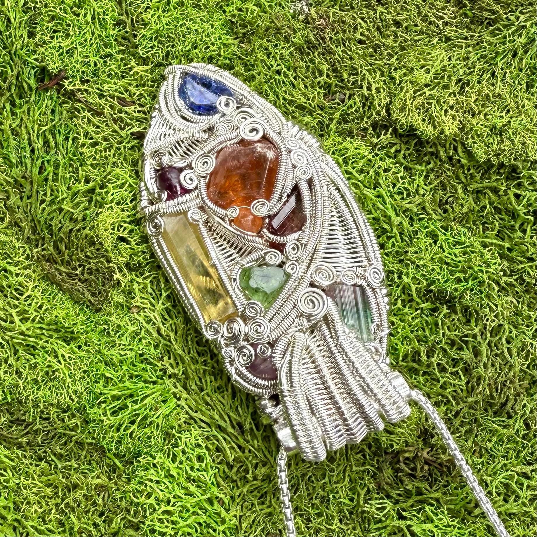 One of a kind, Handmade, Wire Wrap,  Pendant, Jewelry, Scott Maller, James Steffen, Tourmaline, Heliodor, Tanzanite, Garnet, Sterling Silver