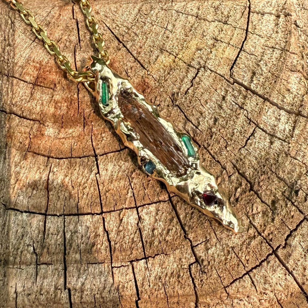 14k Gold, Gold Pendant, Etched Baxao Tourmaline, Emerald, Blue Spinel, Red Spinel, Hand Carved, Unique, Gift, Art, Jewelry, James Steffen