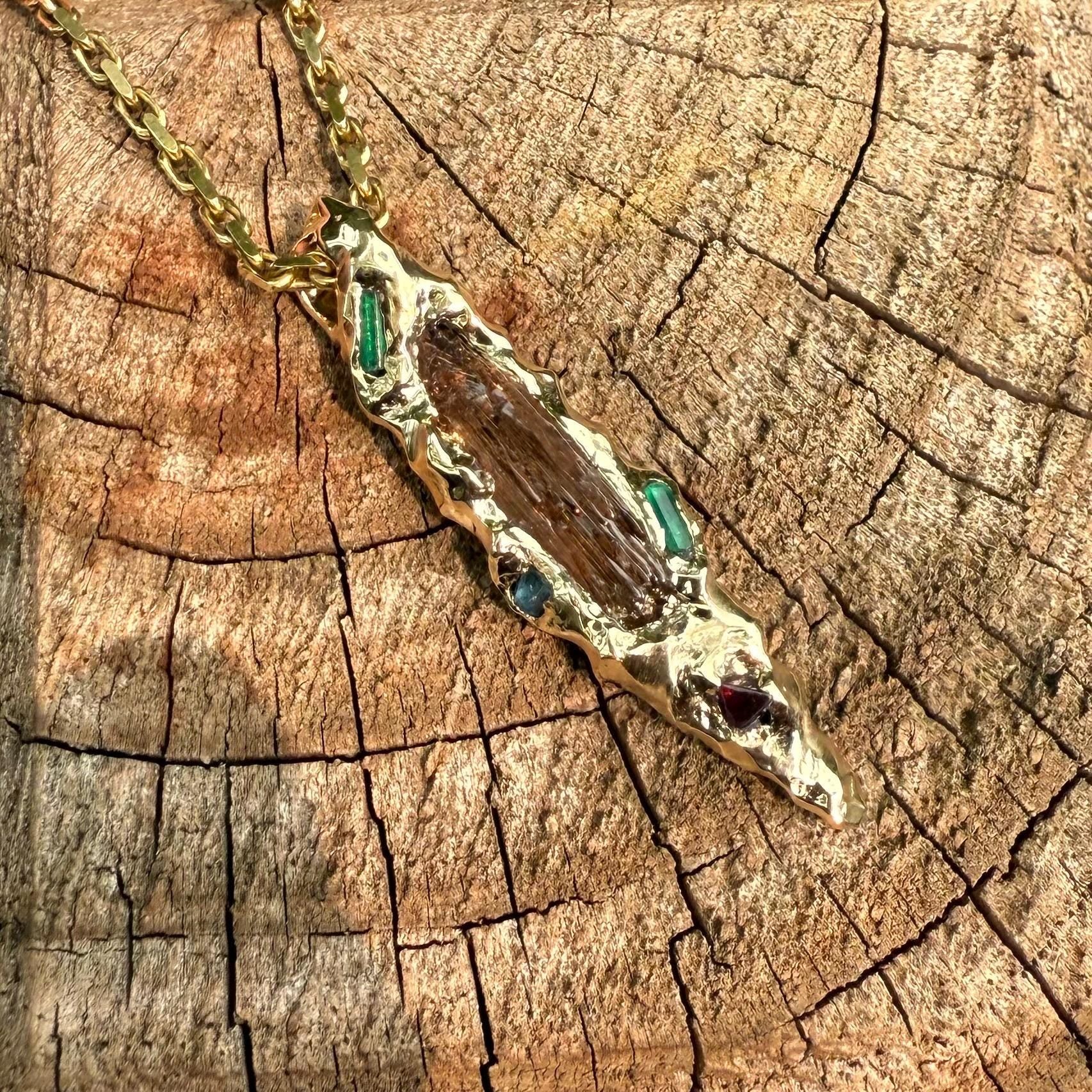 14k Gold, Gold Pendant, Etched Baxao Tourmaline, Emerald, Blue Spinel, Red Spinel, Hand Carved, Unique, Gift, Art, Jewelry, James Steffen