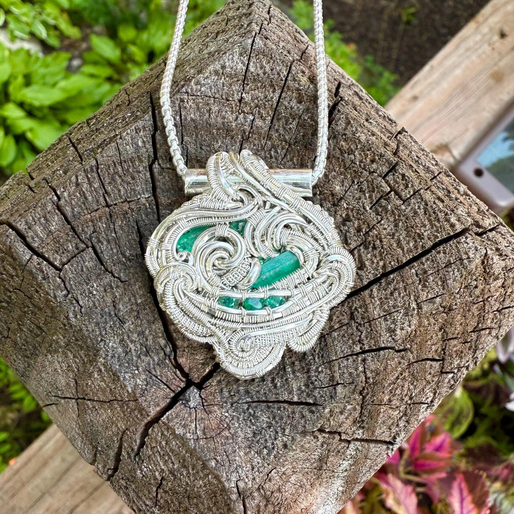 Emerald’s, Silver, Handmade, Wire Wrapped, Pendant, Merrick Noyes, James Steffen, Art, Gift, Unique, Jewelry, Pendant