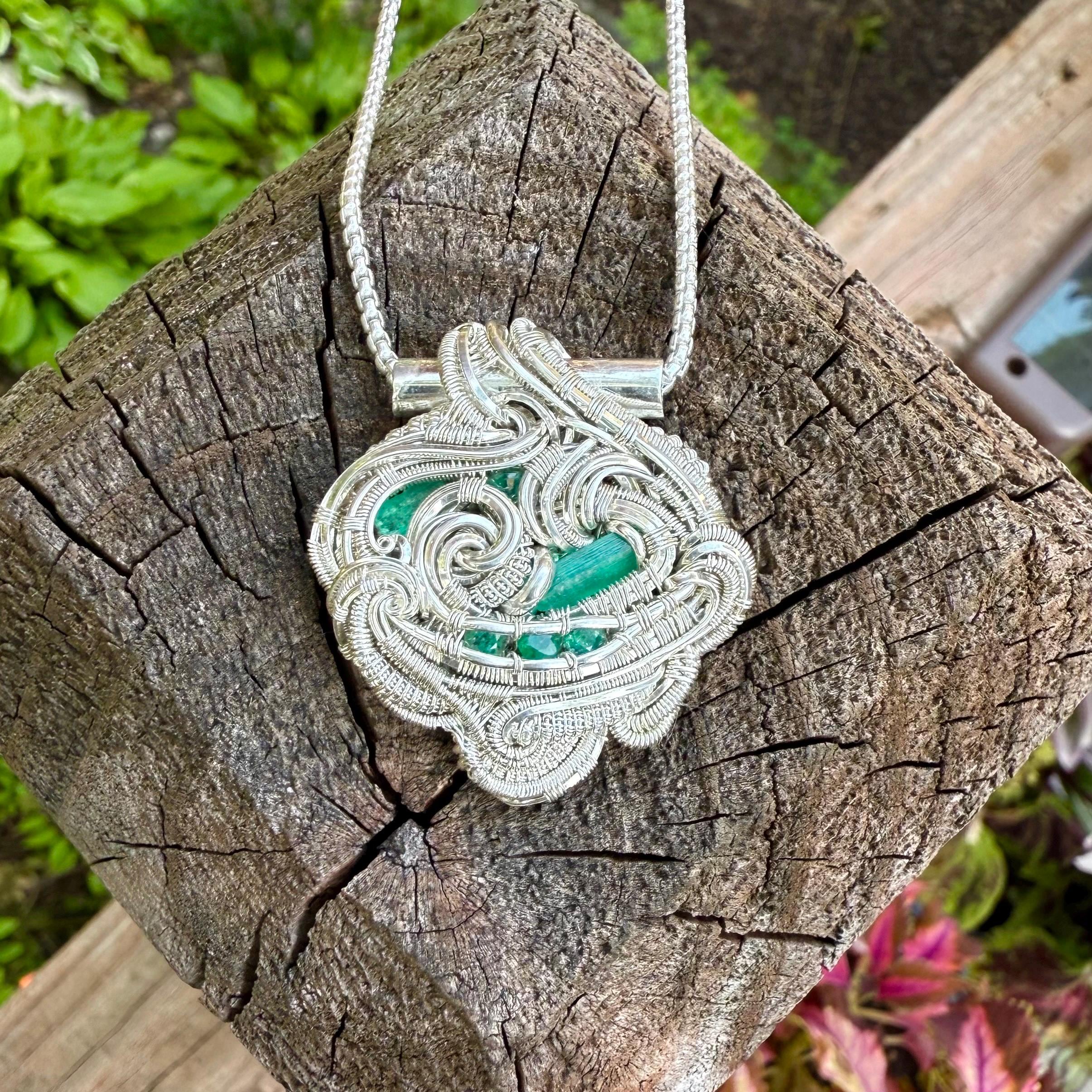 Emerald’s, Silver, Handmade, Wire Wrapped, Pendant, Merrick Noyes, James Steffen, Art, Gift, Unique, Jewelry, Pendant