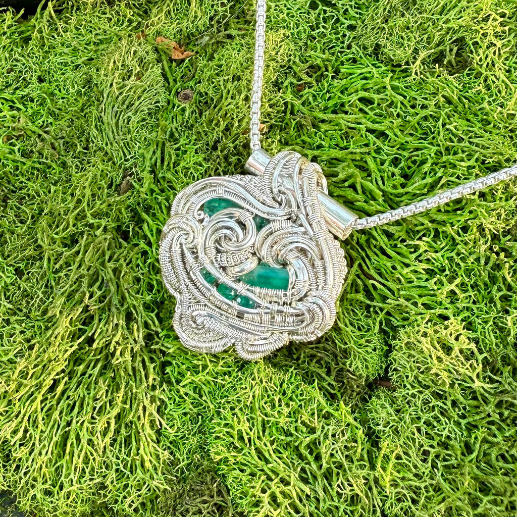 Emerald’s, Silver, Handmade, Wire Wrapped, Pendant, Merrick Noyes, James Steffen, Art, Gift, Unique, Jewelry, Pendant