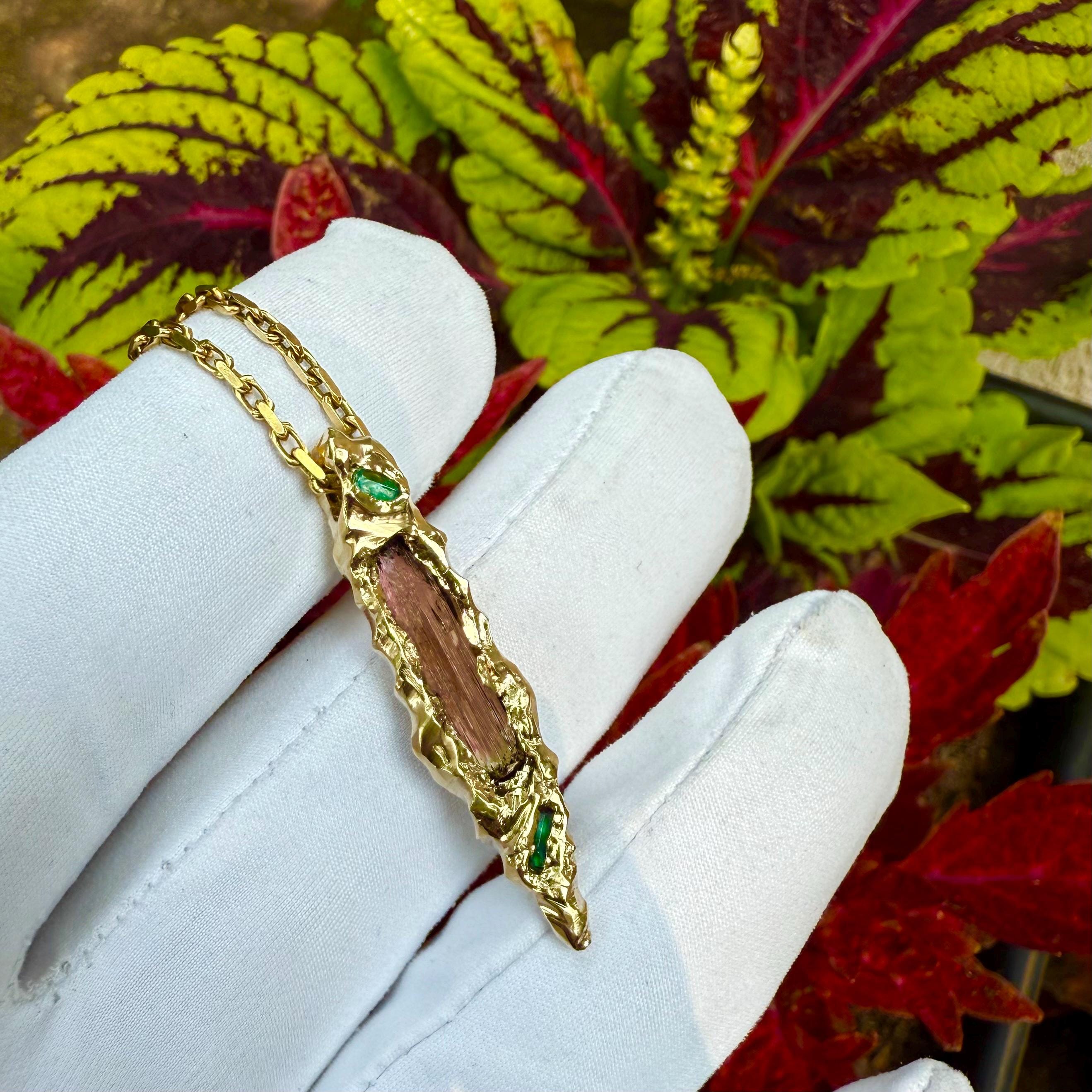 14k Gold, Gold Pendant, Etched Baxao Tourmaline, Emerald, Blue Spinel, Red Spinel, Hand Carved, Unique, Gift, Art, Jewelry, James Steffen