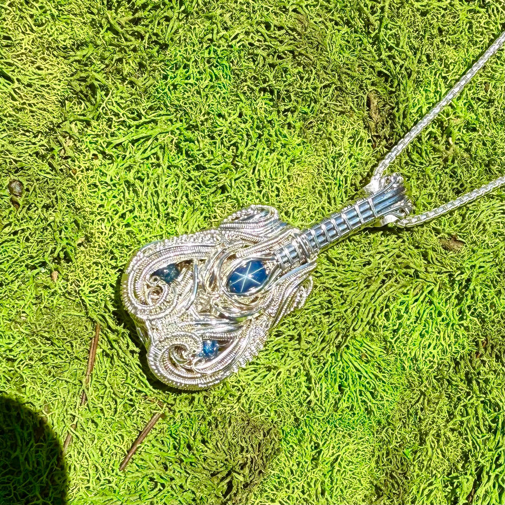 Guitar Pendant, Star Sapphire Cabochons, Handmade, Wire Wrapped Guitar, Ross Duncan, Art, Pendant, Jewelry
