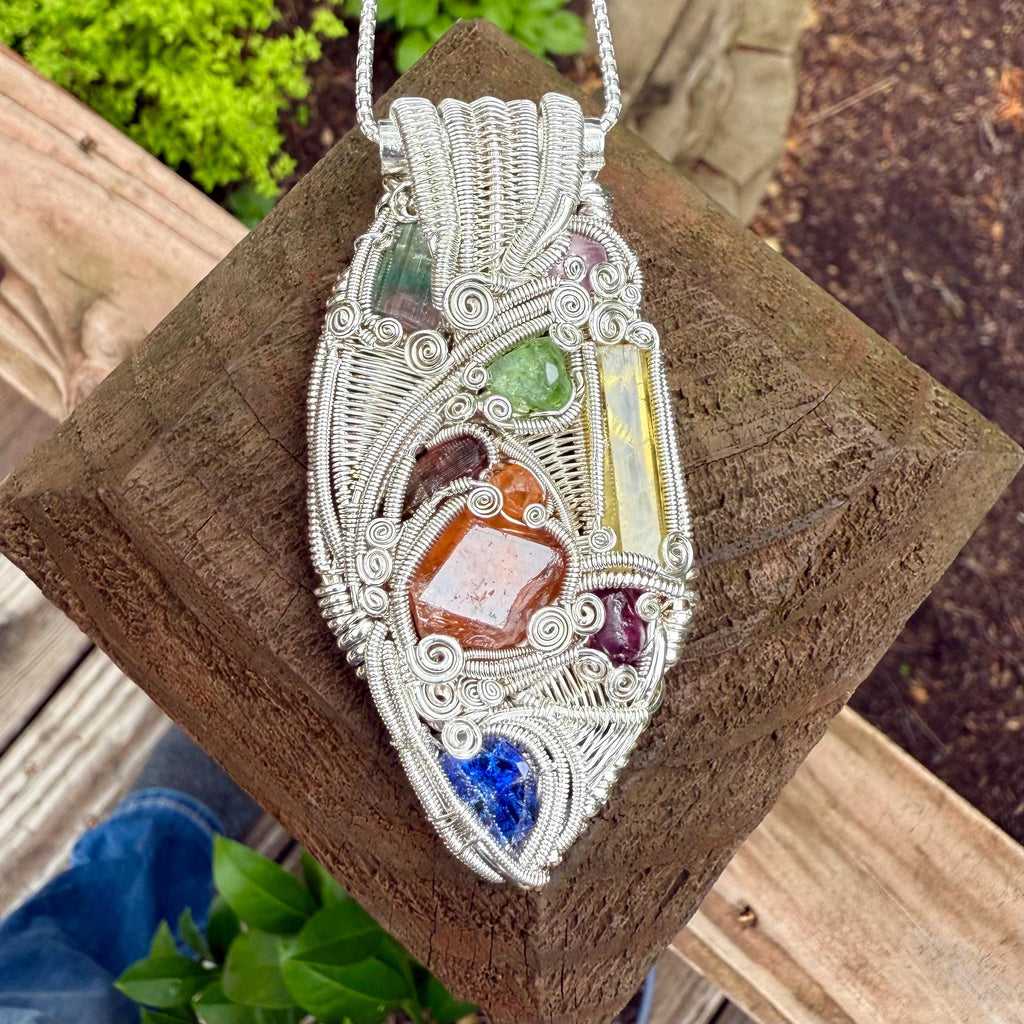 One of a kind, Handmade, Wire Wrap,  Pendant, Jewelry, Scott Maller, James Steffen, Tourmaline, Heliodor, Tanzanite, Garnet, Sterling Silver