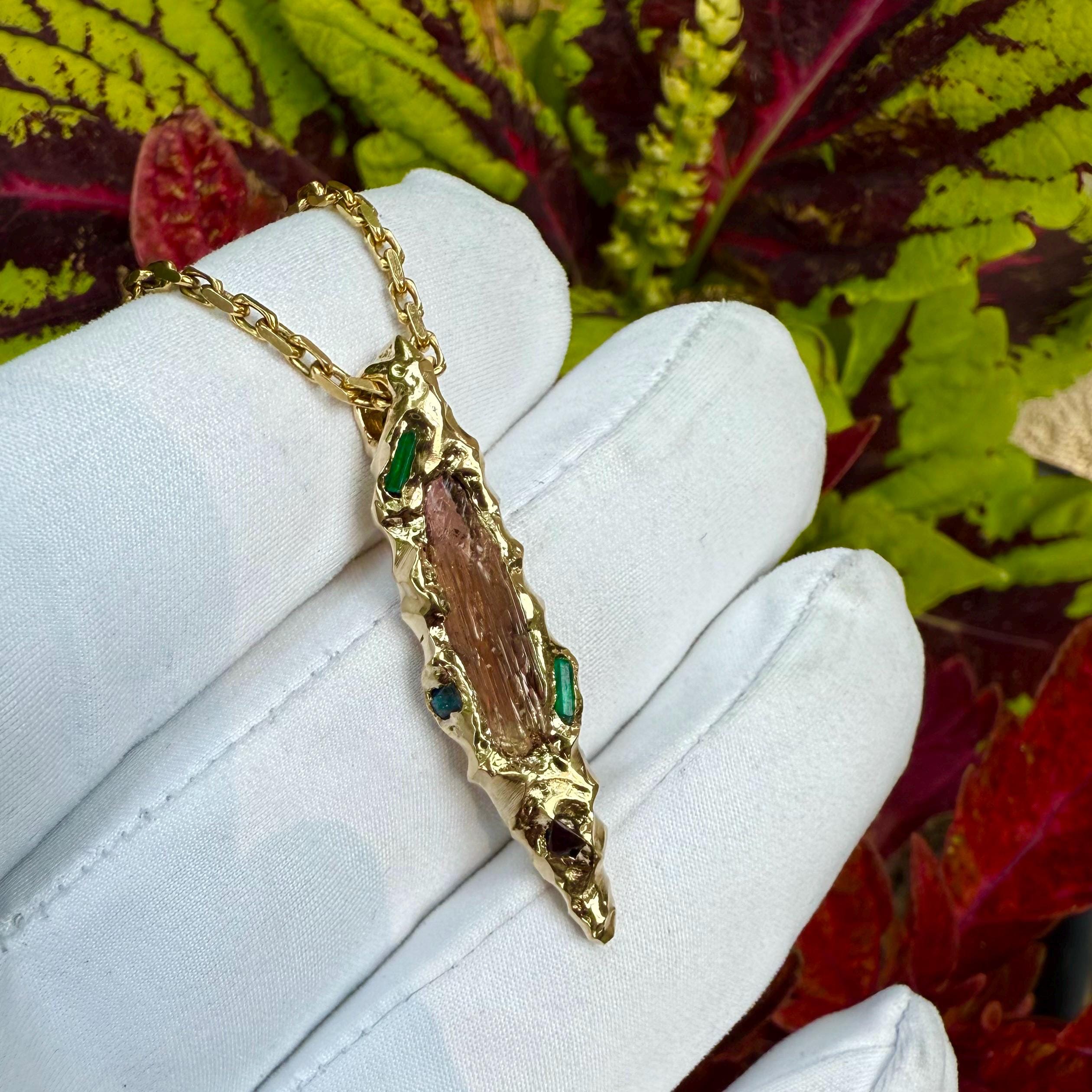 14k Gold, Gold Pendant, Etched Baxao Tourmaline, Emerald, Blue Spinel, Red Spinel, Hand Carved, Unique, Gift, Art, Jewelry, James Steffen