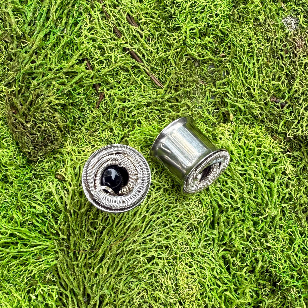 1/2” Black Onyx Gauges, Surgical Stainless Steel, Sterling Silver, Fine Silver, Wire Wrapped, Unique, Art, Piercing, Earrings, James Steffen