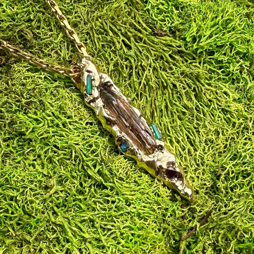 14k Gold, Gold Pendant, Etched Baxao Tourmaline, Emerald, Blue Spinel, Red Spinel, Hand Carved, Unique, Gift, Art, Jewelry, James Steffen