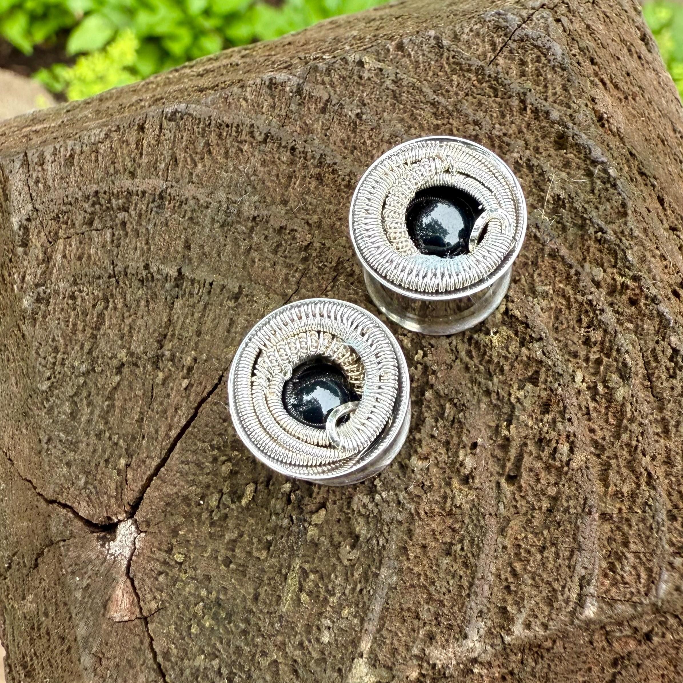 1/2” Black Onyx Gauges, Surgical Stainless Steel, Sterling Silver, Fine Silver, Wire Wrapped, Unique, Art, Piercing, Earrings, James Steffen