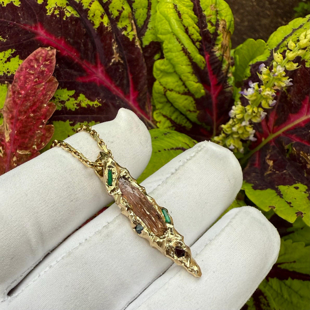 14k Gold, Gold Pendant, Etched Baxao Tourmaline, Emerald, Blue Spinel, Red Spinel, Hand Carved, Unique, Gift, Art, Jewelry, James Steffen