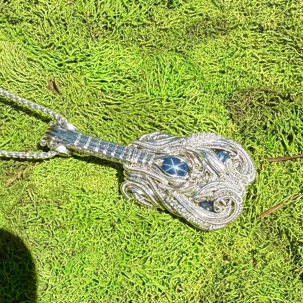 Guitar Pendant, Star Sapphire Cabochons, Handmade, Wire Wrapped Guitar, Ross Duncan, Art, Pendant, Jewelry