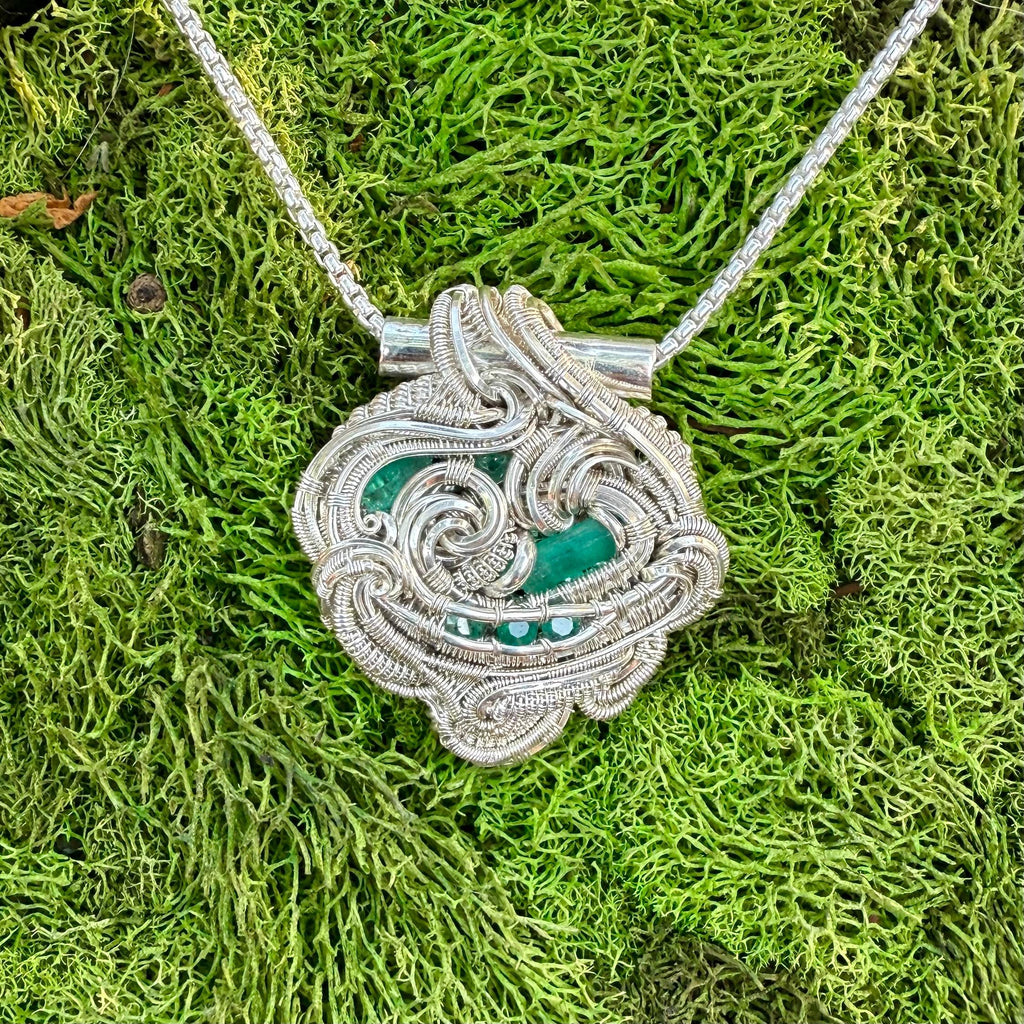Emerald’s, Silver, Handmade, Wire Wrapped, Pendant, Merrick Noyes, James Steffen, Art, Gift, Unique, Jewelry, Pendant