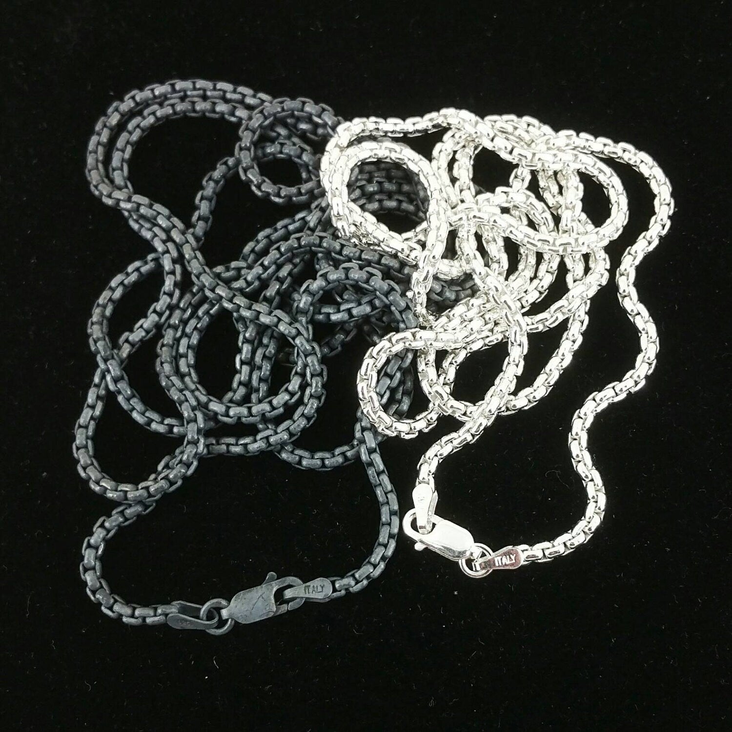 Round Box 2.5mm Sterling Silver Chain. Darkend Silver or Shiny Silver