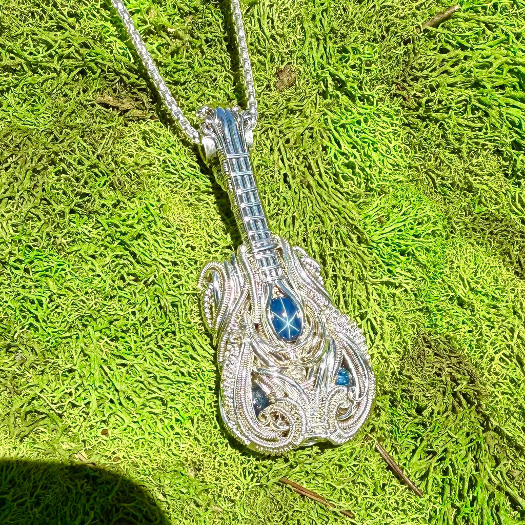 Guitar Pendant, Star Sapphire Cabochons, Handmade, Wire Wrapped Guitar, Ross Duncan, Art, Pendant, Jewelry